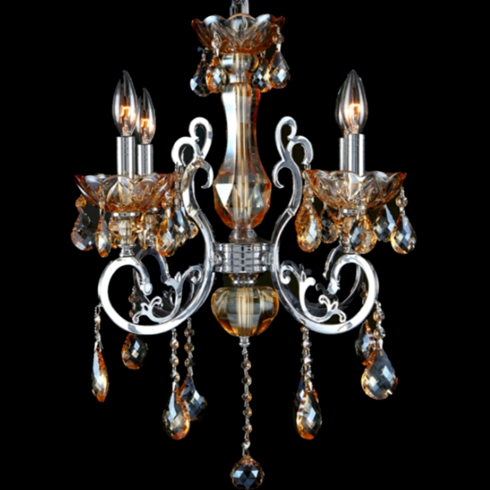French Scroll 4 Light Crystal Chrome Finish Chandelier With Amber Crystals